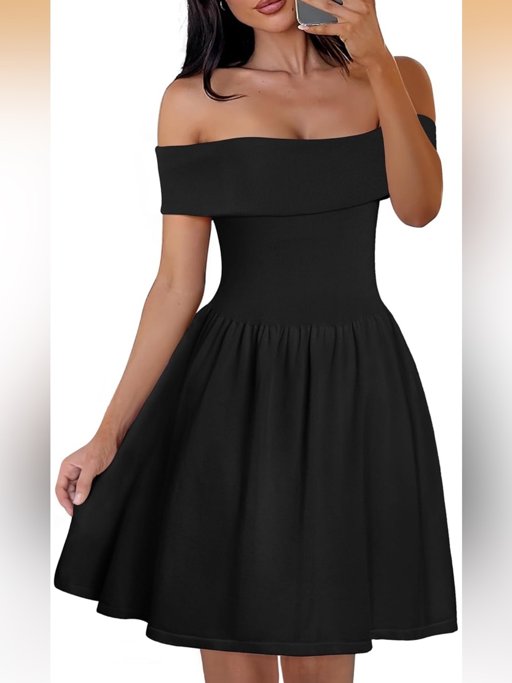 Off-Shoulder Black Mini Dress with Flared Skirt